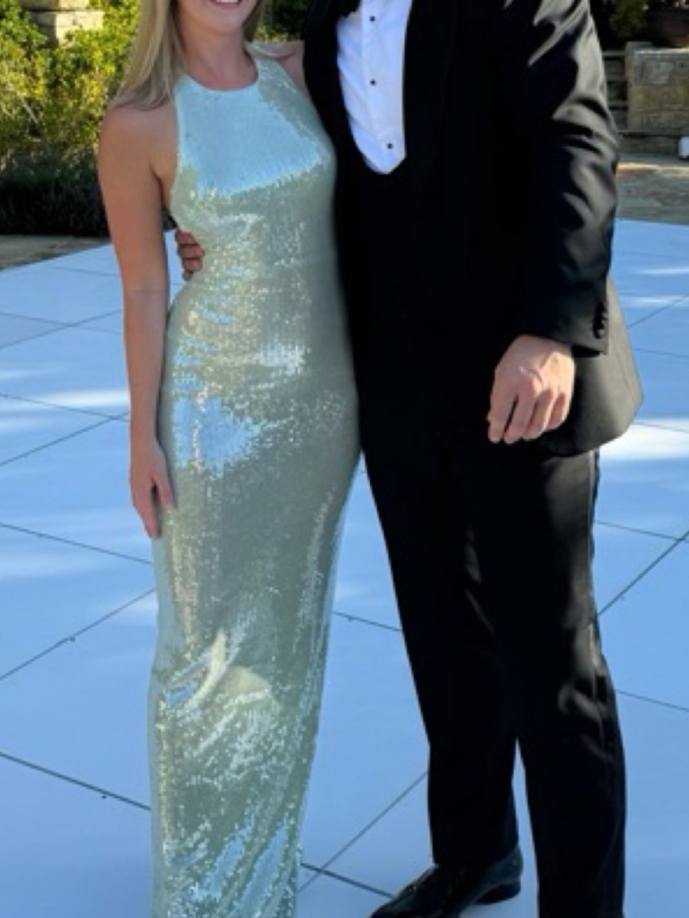 Reformation Elowyn Sequin Halter Open Back Slit Maxi Dress Gown Icy Seafoam - Picture 5 of 13